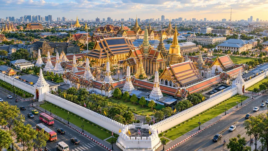 ภาพประกอบ AI มุมสูงของพระบรมมหาราชวังและวัดพระแก้วในกรุงเทพฯ