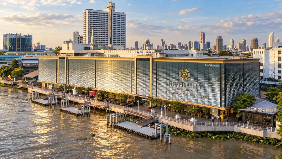 ภาพประกอบ AI อาคาร River City Bangkok และท่าเรือริมแม่น้ำเจ้าพระยา