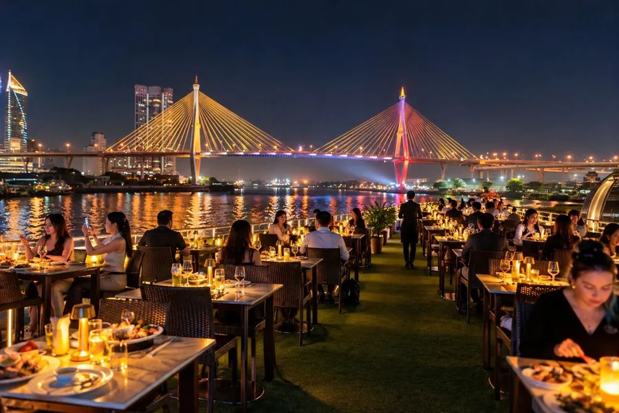 บรรยากาศ Alangka Cruise โซนดาดฟ้า-กลาง สำหรับดินเนอร์ล่องเรือชมวิวสะพานแขวน ยามค่ำคืนบนแม่น้ำเจ้าพระยา