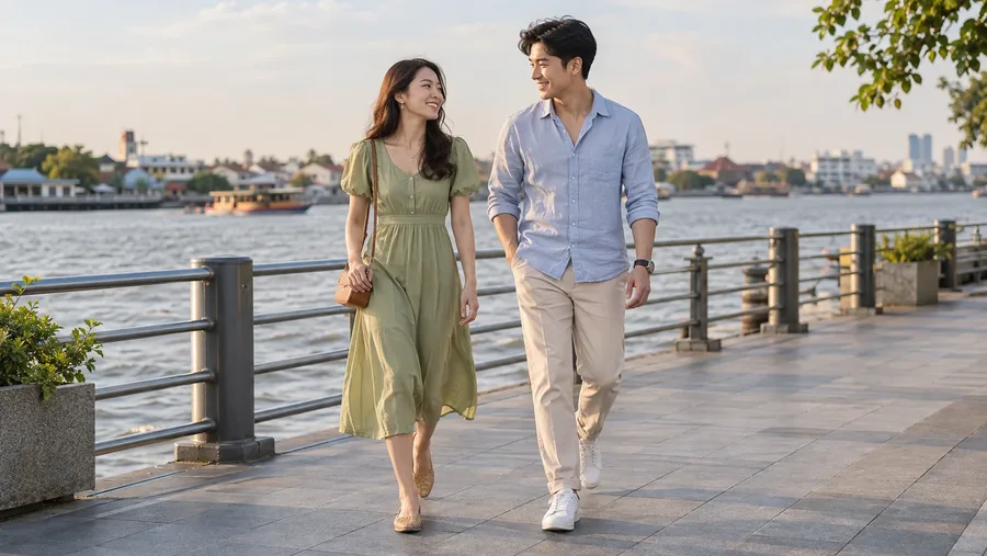 ภาพจำลองไอเดียชุดล่องเรือ เสื้อเชิ้ตกับกางเกงขายาวและเดรสยาวคลุมเข่า