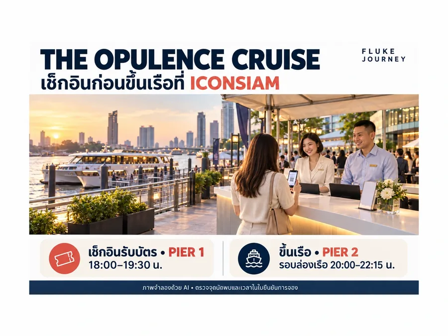 ภาพจำลองด้วย AI แสดงการเช็กอินเรือ The Opulence ที่ ICONSIAM พร้อมข้อมูลรับบัตรที่ Pier 1 และขึ้นเรือที่ Pier 2