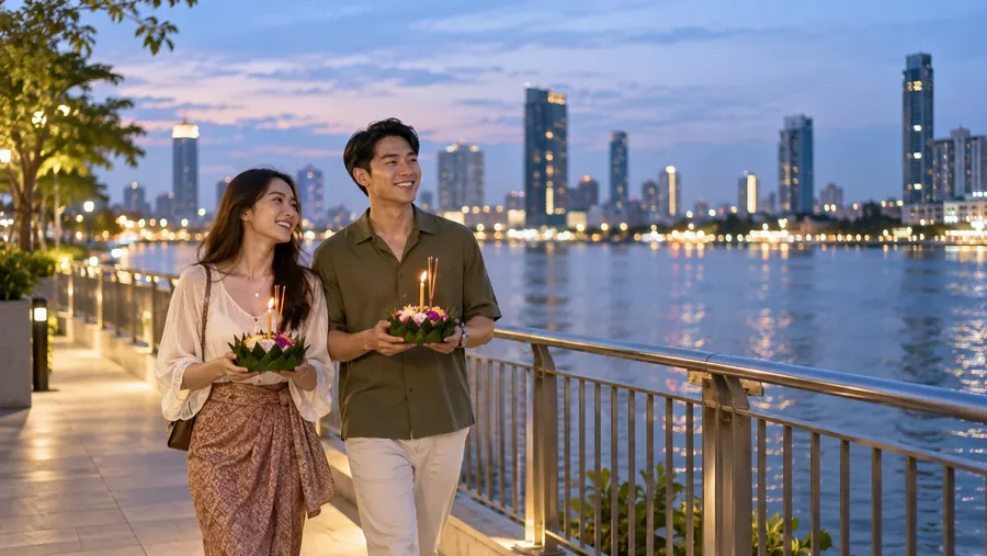 ผู้เดินทางสองคนถือกระทงเดินริมแม่น้ำยามเย็น ภาพประกอบ AI