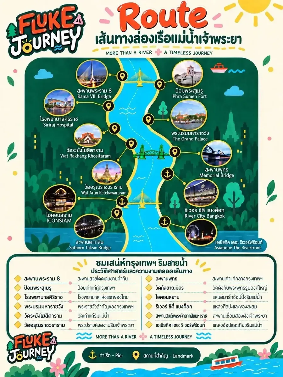 แผนที่เส้นทางล่องเรือ The Luxury White รอบ Dinner เวลา 20.15 น. บนแม่น้ำเจ้าพระยา