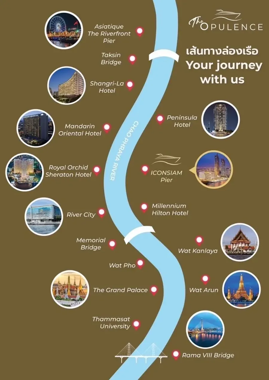 แผนที่เส้นทางล่องเรือ The Opulence Cruise รอบ Dinner ตามสถานที่สำคัญริมแม่น้ำเจ้าพระยา