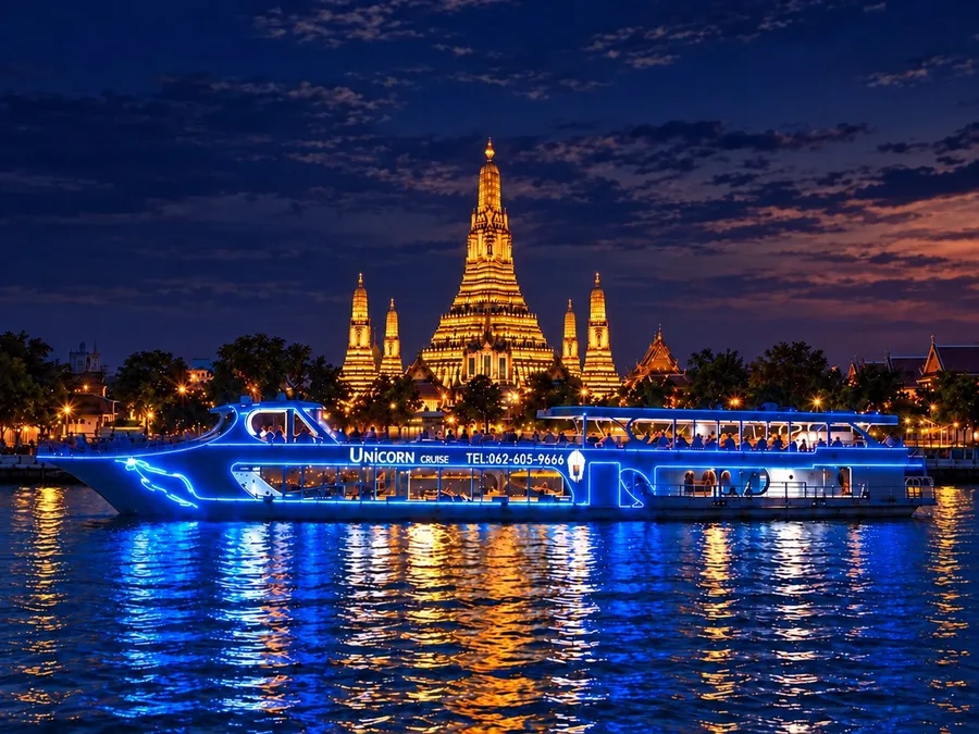 เรือ Unicorn Cruise ประดับไฟสีน้ำเงินบนแม่น้ำเจ้าพระยา มีวัดอรุณส่องสว่างเป็นฉากหลังยามค่ำคืน