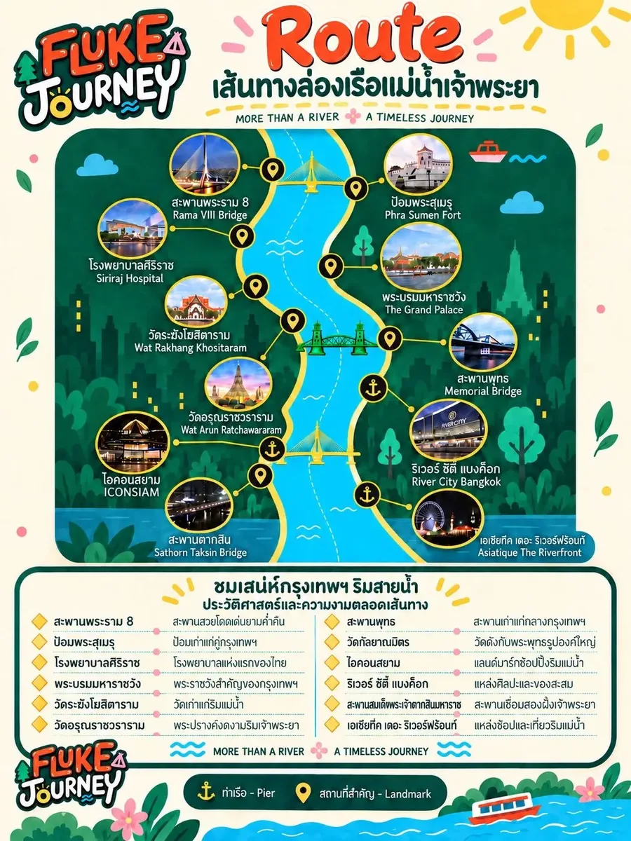 แผนที่เส้นทางล่องเรือ White Orchid River Cruise รอบ Twilight ชมสถานที่สำคัญริมแม่น้ำเจ้าพระยา